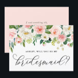 Romantic roze bloemen zullen je mijn Bridesmaid zi Kaart<br><div class="desc">thema bridesmaid stelt platte kaart voor. Vraag familie en vrienden om deel uit te maken van je bruiloft met deze gepersonaliseerde "Zal je mijn bruidsmeisje zijn" kaart. Hij is voorzien van waterverf bloemkool van wazige roze en witte rozen en groene. Personaliseer door een naam en een bericht toe te voegen....</div>