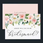 Romantic roze bloemen zullen je mijn Bridesmaid zi Kaart<br><div class="desc">thema bridesmaid stelt platte kaart voor. Vraag familie en vrienden om deel uit te maken van je bruiloft met deze gepersonaliseerde "Zal je mijn bruidsmeisje zijn" kaart. Hij is voorzien van waterverf bloemkool van wazige roze en witte rozen en groene. Personaliseer door een naam en een bericht toe te voegen....</div>