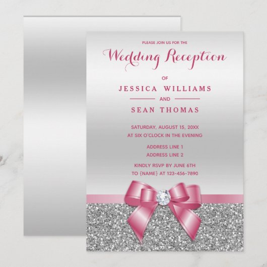 Romantic Roze Bow, Silver Glitter Reception Kaart (Voorkant / Achterkant)