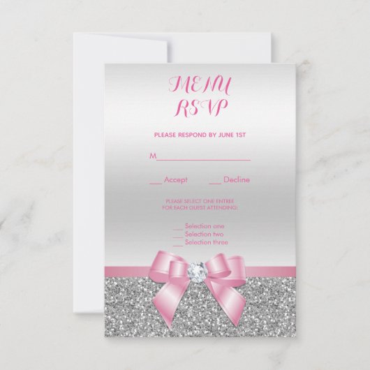 Romantic Roze Bow & Silver Glitter Weddenschap Men RSVP Kaartje (Voorkant)