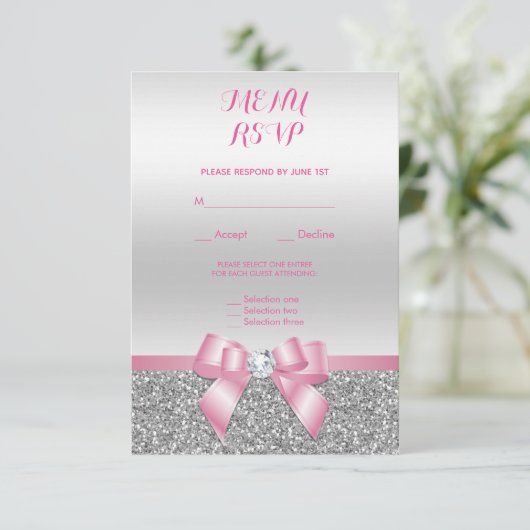 Romantic Roze Bow & Silver Glitter Weddenschap Men RSVP Kaartje (Staand voorkant)