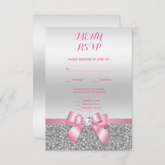 Romantic Roze Bow & Silver Glitter Weddenschap Men RSVP Kaartje (Voorkant / Achterkant)