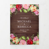 Romantic Roze en Red Roses QR Code Wood Weddenscha Drieluik Uitnodiging (Cover)