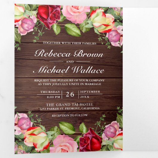 Romantic Roze en Red Roses QR Code Wood Weddenscha Drieluik Uitnodiging (Binnenzijde eerst)