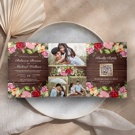 Romantic Roze en Red Roses QR Code Wood Weddenscha Drieluik Uitnodiging