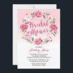 Romantic  Roze Floral Wreated Vrijgezellenfeest Kaart<br><div class="desc">Moderne waterverf met florale bridale doucheuitnodiging met een prachtige roze bloem met een stijlvol handschrift op een roze achtergrond.  Eenvoudig aan te passen en aan te passen met de gegevens van uw vrijgezellenfeest.  Bezoek onze winkel om overeenkomende objecten te uitzichten en onze grote selectie van uitnodigingen voor hedendaagse vrijgezellenfeesten.</div>