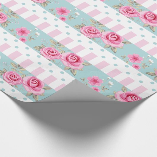 Romantic Roze & Mint Floral Rozen Patroon Cadeaupapier (Hoek)
