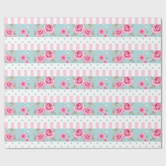 Romantic Roze & Mint Floral Rozen Patroon Cadeaupapier (Vlak)