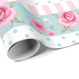 Romantic  Roze & Mint Floral Rozen Patroon Cadeaupapier