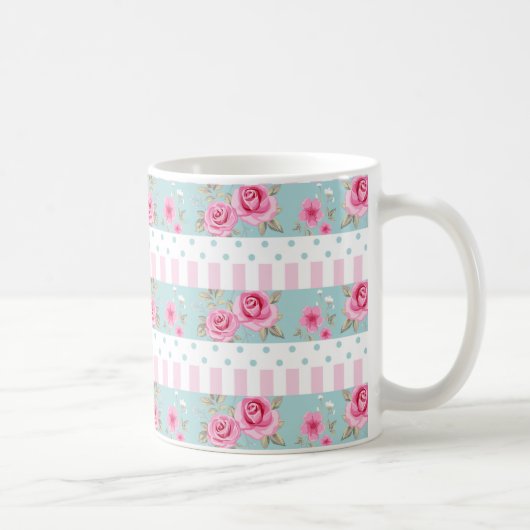 Romantic  Roze & Mint Floral Rozen Patroon Koffiemok (Rechts)