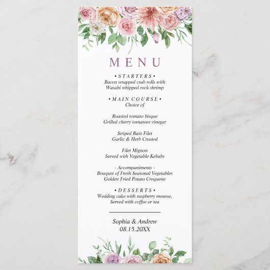 Romantic Roze & Purple Flowers Weddenemenu Menu (Voorkant)