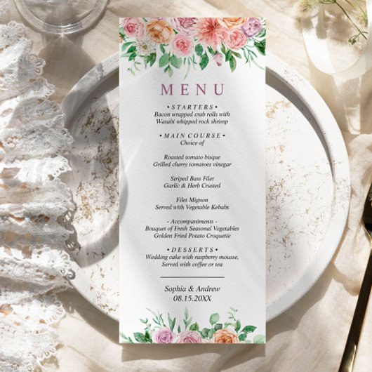 Romantic Roze & Purple Flowers Weddenemenu Menu