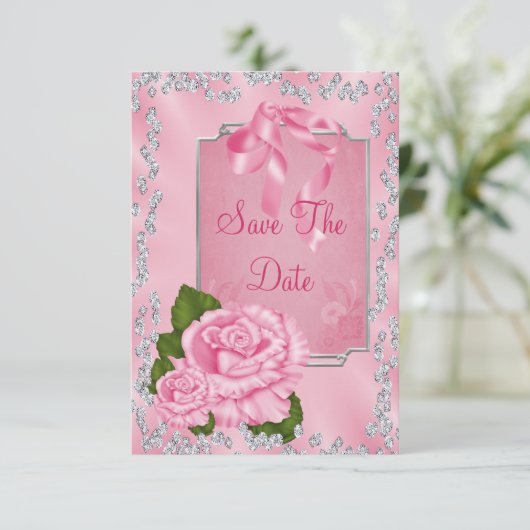 Romantic roze rozen en bogen 50e sparen de Datum Save The Date (Staand voorkant)