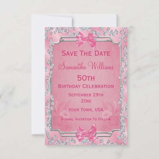 Romantic roze rozen en bogen 50e sparen de Datum Save The Date (Achterkant)