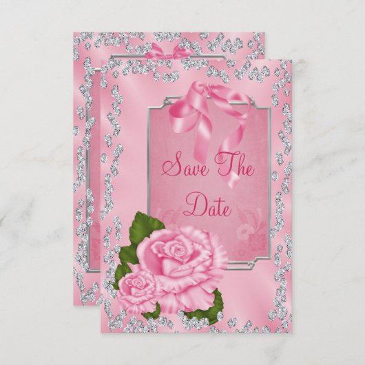 Romantic roze rozen en bogen 50e sparen de Datum Save The Date (Voorkant / Achterkant)