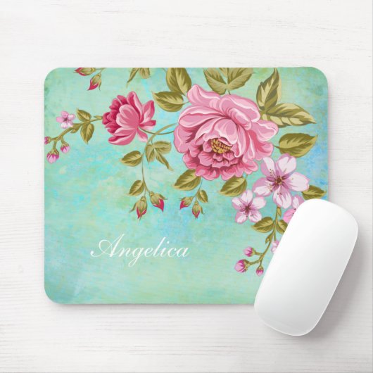Romantic roze rozen, personaliseer jouw naam muismat (Met muis)
