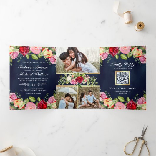 Romantic roze rozen QR-code marinevlek blauw huwel Drieluik Uitnodiging (Binnen)