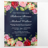 Romantic roze rozen QR-code marinevlek blauw huwel Drieluik Uitnodiging (Binnenzijde eerst)