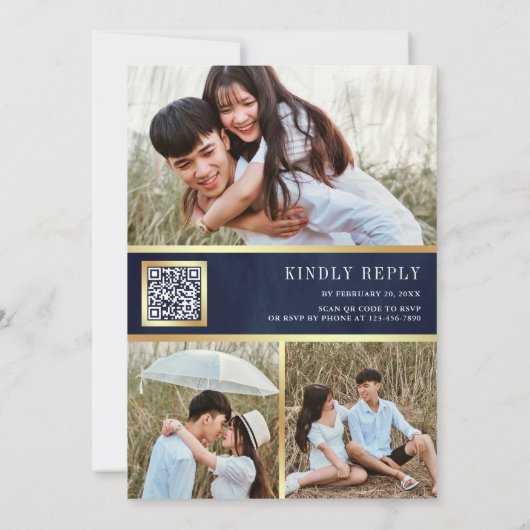 Romantic roze rozen QR-code marinevlek blauw huwel Kaart (Achterkant)