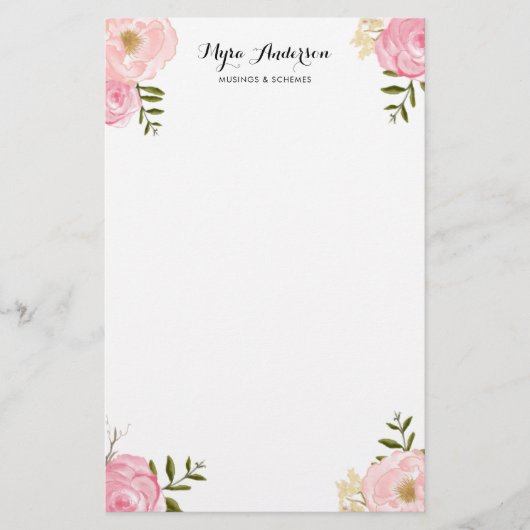 Romantic Roze Waterverf Flowers Aangepast Briefpapier (Voorkant)