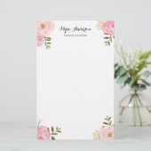 Romantic Roze Waterverf Flowers Aangepast Briefpapier (Staand voorkant)