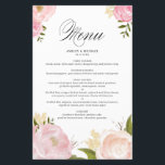 Romantic Roze Waterverf Flowers Weddenemenkaart<br><div class="desc">Voeg een feministisch floral accent toe aan de tabelruimte van uw evenement met deze aanpasbare menukaart. Het is voorzien van illustraties van de waterverf van roze rozen en pinda's, de adem van baby's en het bladerdek. Deze roze florale menukaart is perfect voor bruiloften, vrijgezellenfeesten, baby showers en verjaardagen. Pas aan...</div>