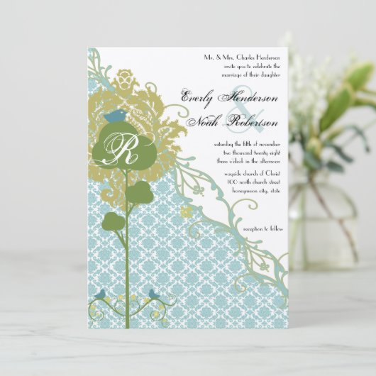 Romantic Rustic Birds Mint Damask Wedding Kaart (Staand voorkant)