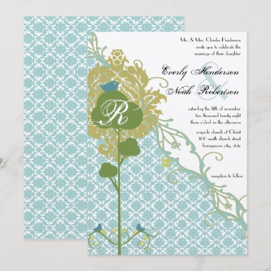 Romantic Rustic Birds Mint Damask Wedding Kaart (Voorkant / Achterkant)