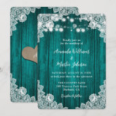 Romantic Rustic Blauwgroen Wood Lace Wedding Invit Kaart (Voorkant / Achterkant)