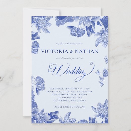 Romantic Rustic Blue Lotus Floral Wedding Kaart (Voorkant)