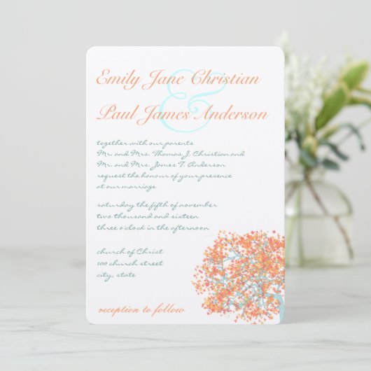 Romantic Rustic Coral Tree Wedding Kaart (Staand voorkant)