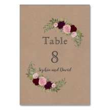 Romantic Rustic Marsala Floral Table Number