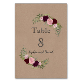 Romantic Rustic Marsala Floral Table Number Kaart