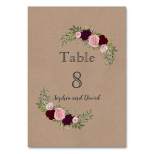 Romantic Rustic Marsala Floral Table Number Kaart