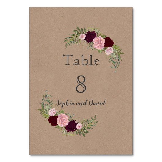 Romantic Rustic Marsala Floral Table Number Kaart (Voorkant)