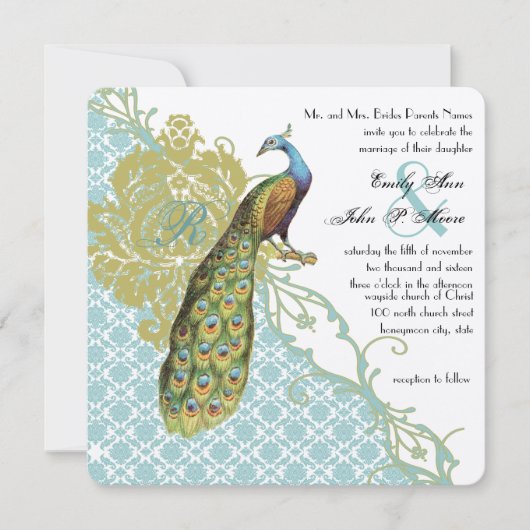 Romantic Rustic Mint Peacock Damask Wedding Kaart (Voorkant)