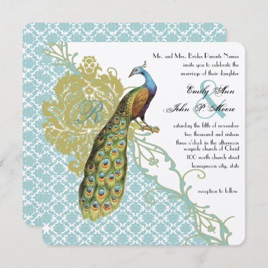 Romantic Rustic Mint Peacock Damask Wedding Kaart (Voorkant / Achterkant)