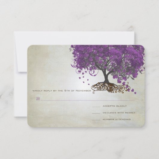 Romantic Rustic Paars Heart Leaf Tree Wedding RSVP Kaartje (Voorkant)