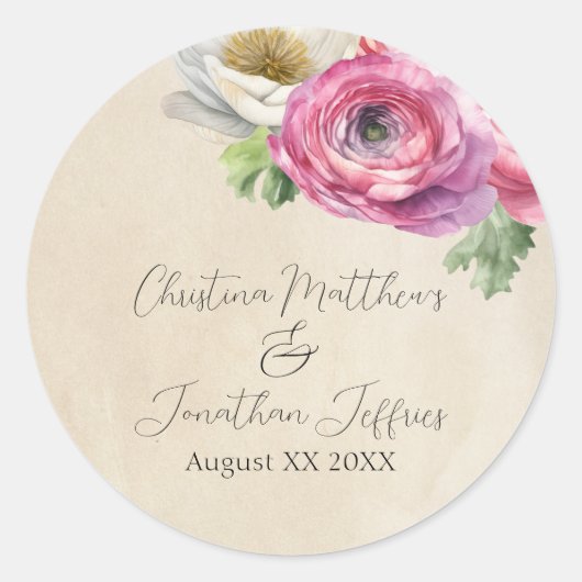 Romantic Rustic Pink & White Ranunculus Ronde Sticker (Voorkant)