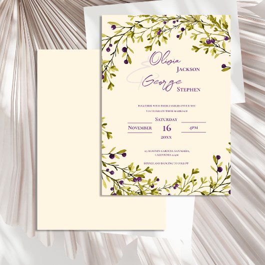 Romantic Rustic Purple Berry Leaves Wedding Kaart