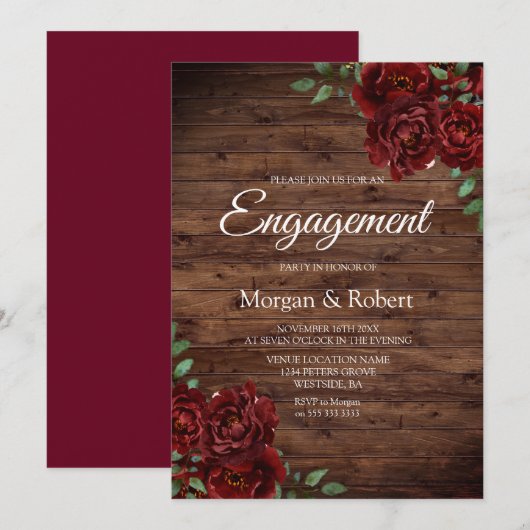 Romantic Rustic Red Rose Engagement Party nodigt u Kaart (Voorkant / Achterkant)