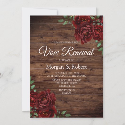 Romantic Rustic Red Rose Now Renewal Invite Kaart (Voorkant)