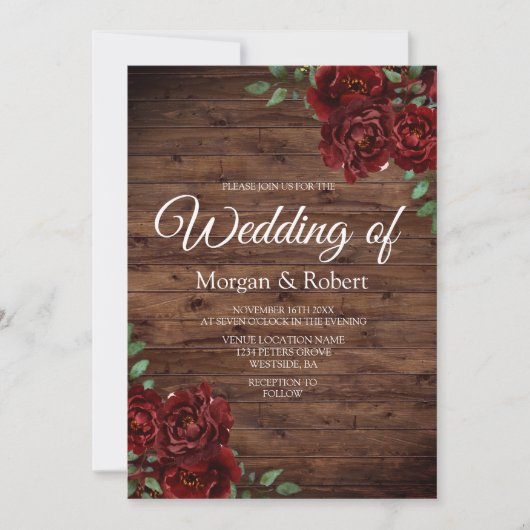 Romantic Rustic Red Rose Wedding Invitation Kaart (Voorkant)