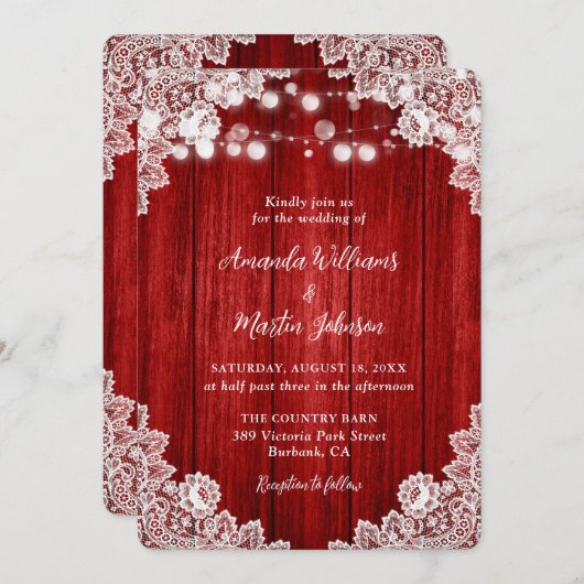 Romantic Rustic Red Wood Lace Weddenschap Kaart (Voorkant / Achterkant)