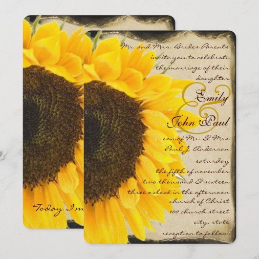 Romantic Rustic Sunflower Wedding Uitnodiging (Voorkant / Achterkant)