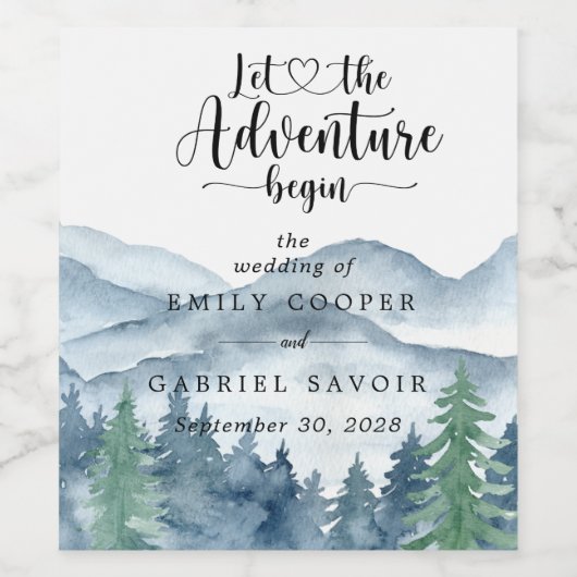 Romantic Rustic Waterverf Mountains Tree Weddensch Wijn Etiket (Enkel label)