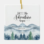 Romantic Rustic Waterverf Mountains Trees Wedding Keramisch Ornament<br><div class="desc">Weelderige waterverf in blues en greens bergbos thema bruiloft ornament voor uw huwelijksherinneringen. Laat het avontuur beginnen!</div>