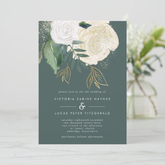 Romantic Sage & Gold Wedding Invitation Kaart (Staand voorkant)