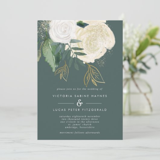 Romantic Sage & Gold Wedding Invitation Kaart (Staand voorkant)