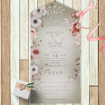 Romantic Sage Green & Roze Floral Dinner All In One Uitnodiging<br><div class="desc">BESCHIKBAAR MET OF ZONDER EEN QR-CODE OF DINER SELECTION OPTIES. Dit ontwerp is voorzien van een prachtige,  groene,  noodlijdende achtergrond met een delicate roze,  maroon,  witte,  paarse en groene verstuivingen met florale spray. Het is romantisch met een aanraking van vintage.</div>
